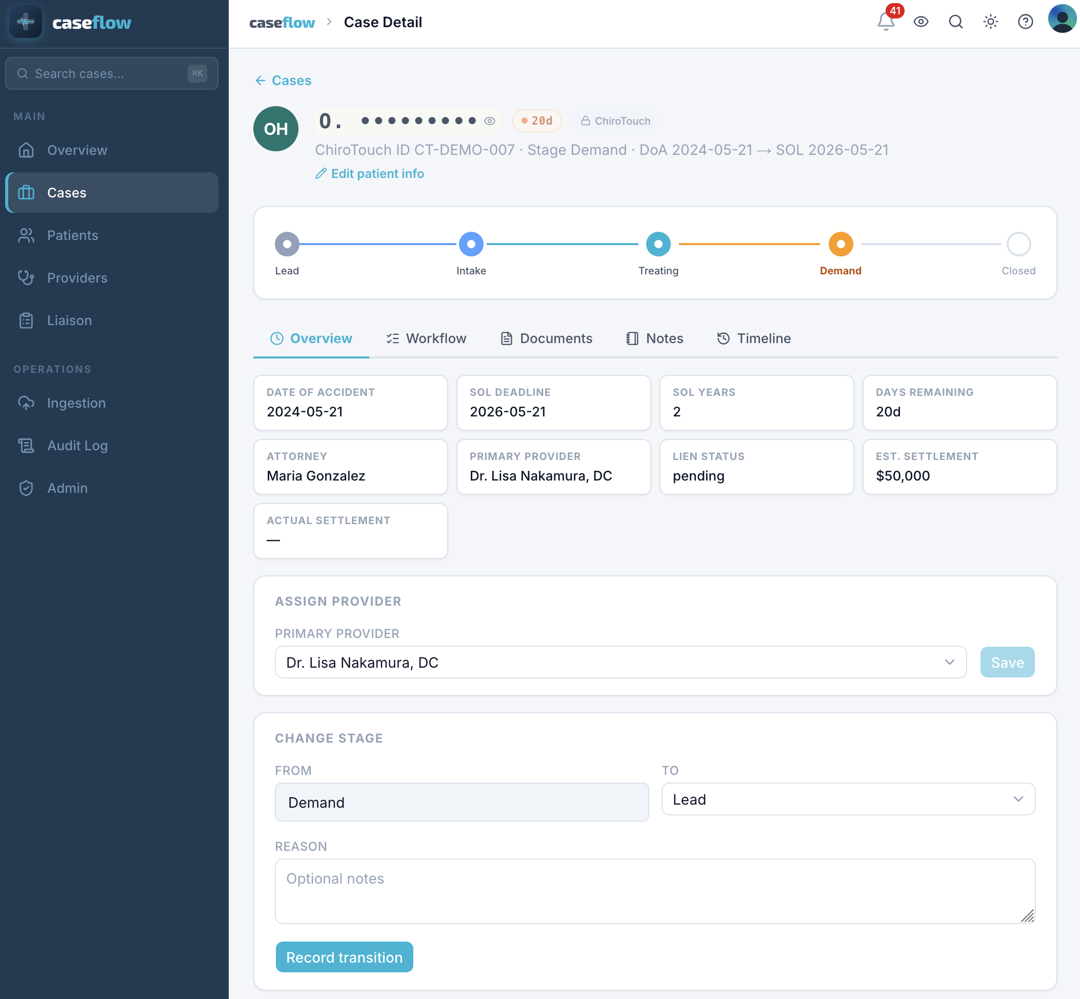 Case detail overview tab showing date of accident, SOL deadline, days remaining, attorney, primary provider, lien status, and stage stepper at Demand