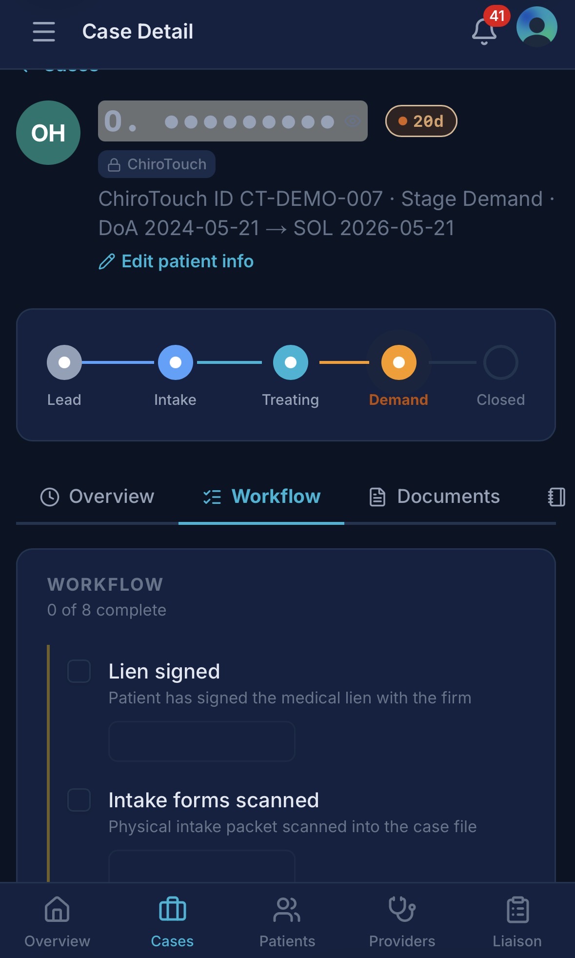 Case detail workflow tab on phone listing 8 milestone checkboxes: lien signed, intake forms scanned, initial evaluation, minimum visits met, narrative report, diagnosis written, report sent, re-evaluation